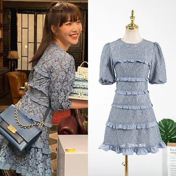 

Star same style dress 2020 spring and autumn new round neck puff sleeve lace stitching ruffle skirt fashion skirt