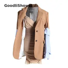 GoodliShowsi, уличная мода, комплекты из 2 предметов, платья, костюмы, съемный полосатый рукав, цвет хаки, костюм, топы+ сексуальное облегающее платье-комбинация