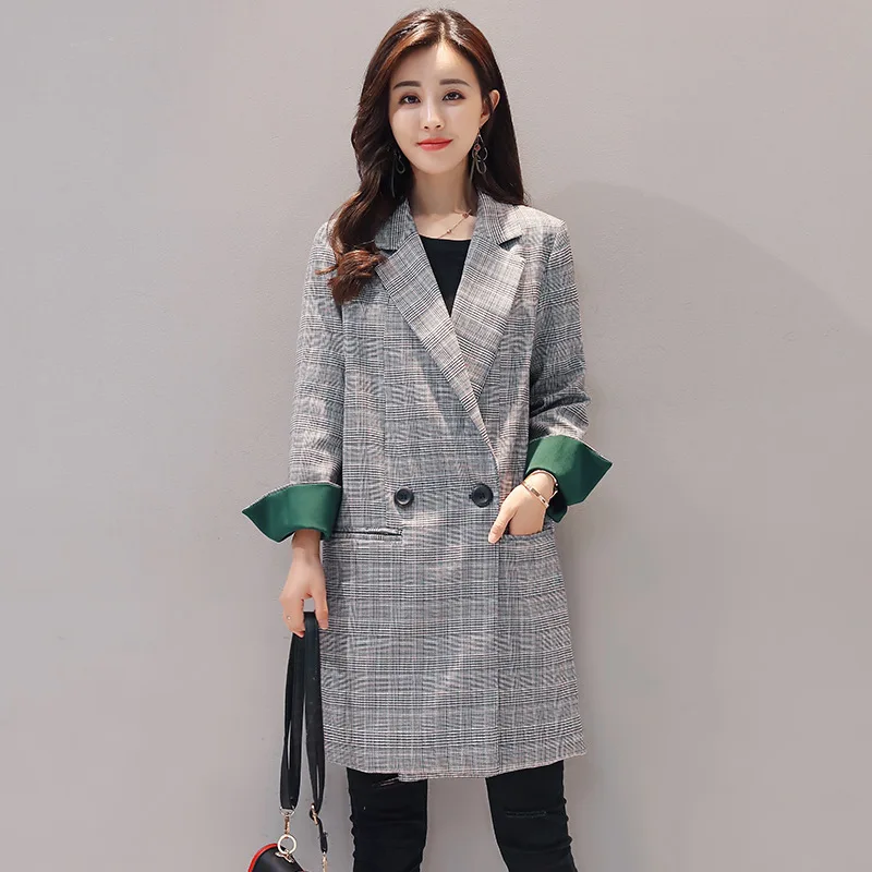 

2018 WOMEN'S Dress Spring And Autumn New Style CHIC Casual Suit Korean-style Mid-length Retro Plaid Suit Jacket Women's