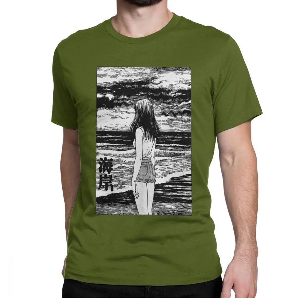 Uzumaki/футболка с морем, футболки с рисунком ужасов, футболка с мангой, футболки Junji Ito, Мужская футболка, винтажные футболки из чистого хлопка с короткими рукавами, футболки одежда - Цвет: army green