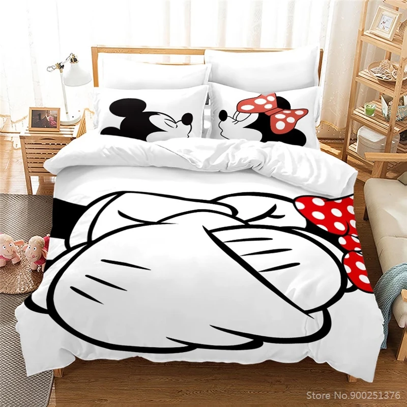 Juego de ropa de cama en blanco y negro para niños y niñas, juego de funda nórdica de Mickey y Minnie Mouse, colcha, textiles para hogar, y parejas|Juegos de ropa