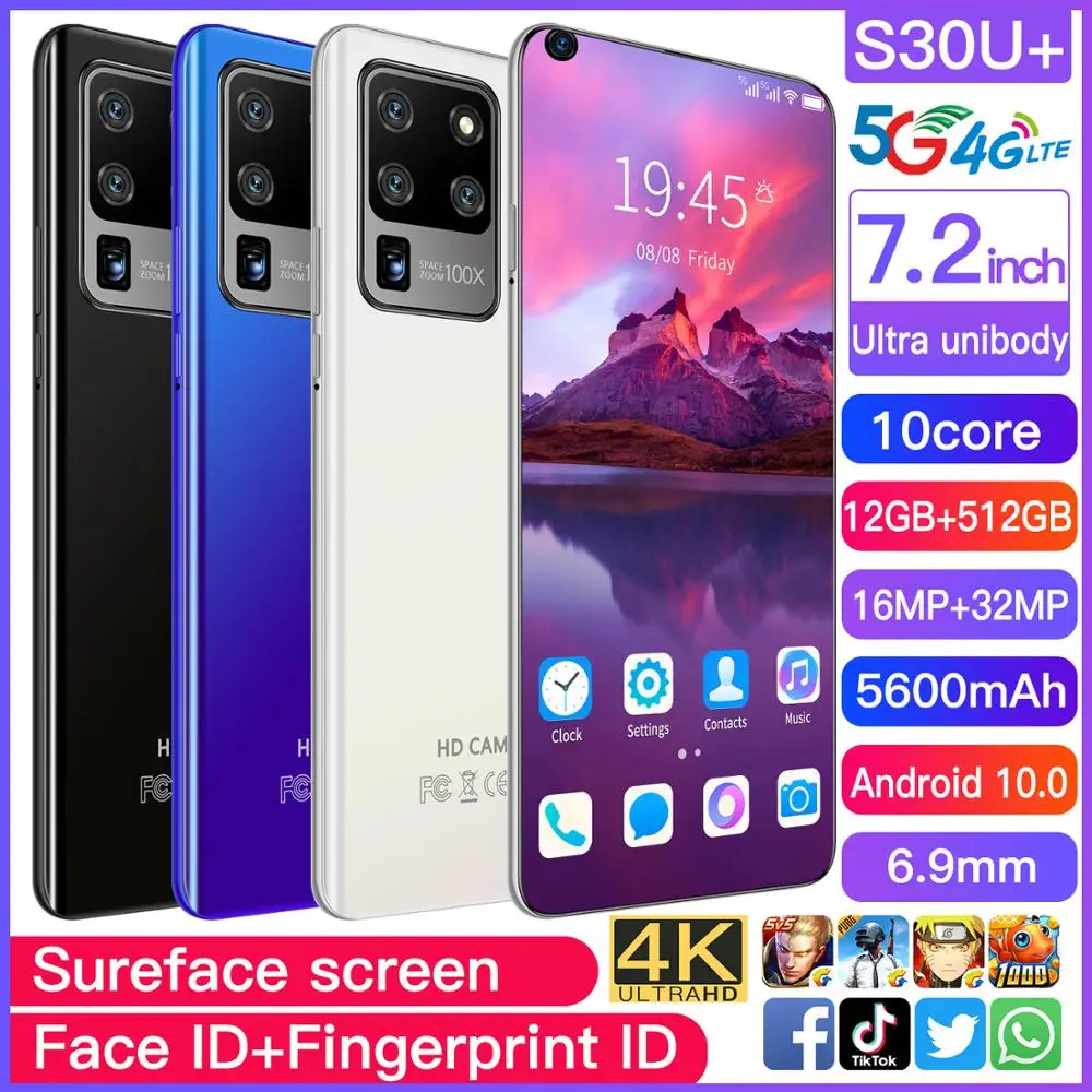 

New Galxy S30U+ Smartphone 7.2-inch Large Screen Face ID Samsun 4G Mobile CellPhone Global Version Android 10.0 Phone Case