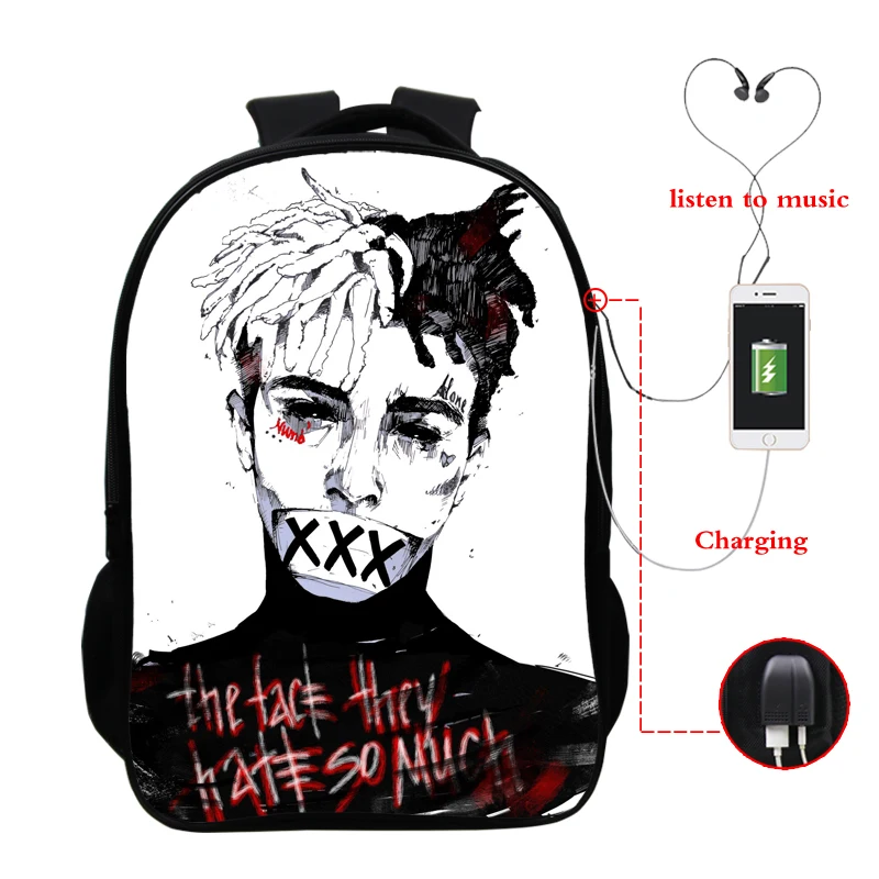 Usb зарядка Xxxtentacion рюкзак с принтом студенческий рюкзак для ноутбука дорожные сумки для мальчиков большой емкости колледж Водонепроницаемый школьный ранец - Цвет: 165-dff-1118