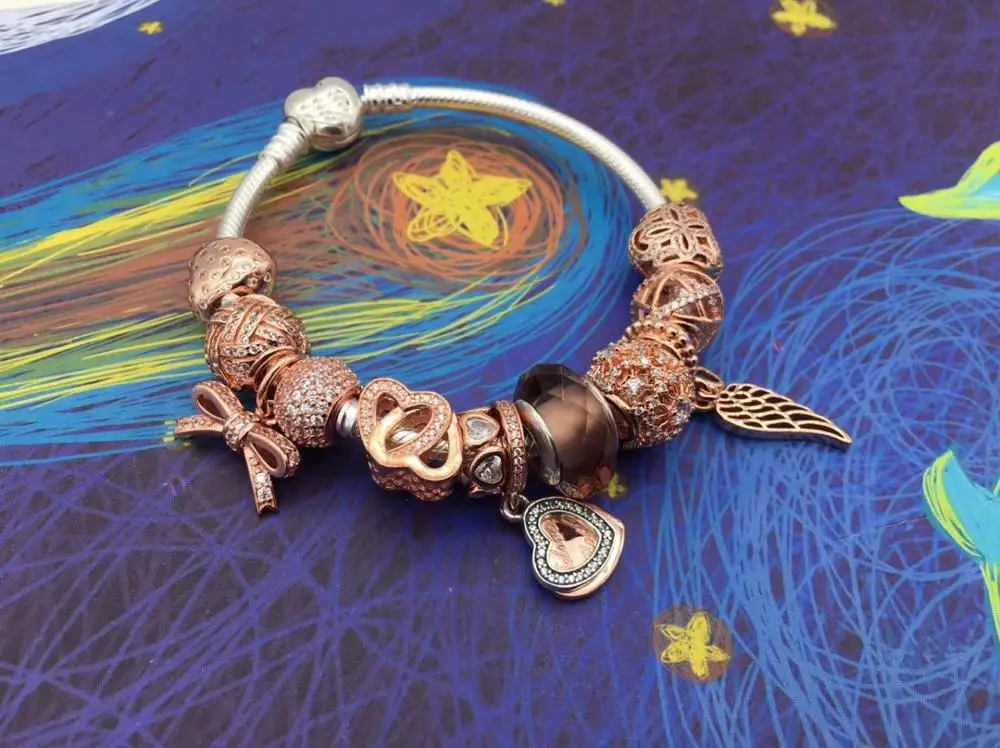 

Keris Store High Quality Original 1:1 100%925 Sterling Silver Rose Gold Angel Wing Bow Beaded Bracelet Free Shipping