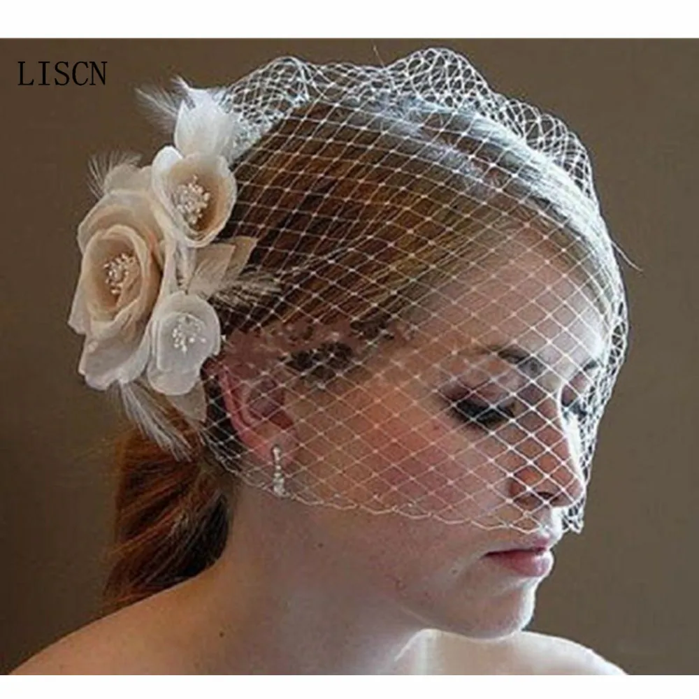 Wedding Birdcage Veil แชมเปญงาช้างสีขาวดอกไม้ Feather Birdcage Veil