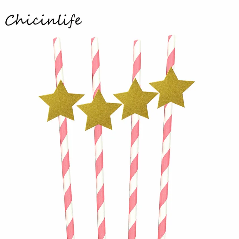 Chicinlife 10 шт. с аппликацией в виде Золотой Звезды Бумага соломинки, платье на свадьбу, детское День рождения украшение звезды с полосой соломинки Baby Shower поставки - Цвет: pink