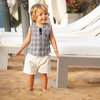 

DB13348 dave bella summer baby boys fashion plaid pockets clothing sets kids handsome sleeveless sets children 2 pcs suit