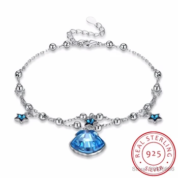 

New Luxury Fine Jewelry Blue Crystal 925 Silver Beads Strand Bracelet Bangles Double Chains Women Accessories