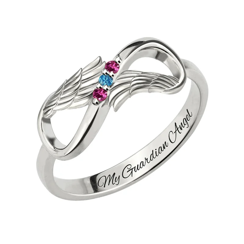 

XiaoJing Personalized Custom Engraved Name Angel Wing Finger Ring 925 Sterling Silver Birth Stone Ring For Women Jewelry Gifts
