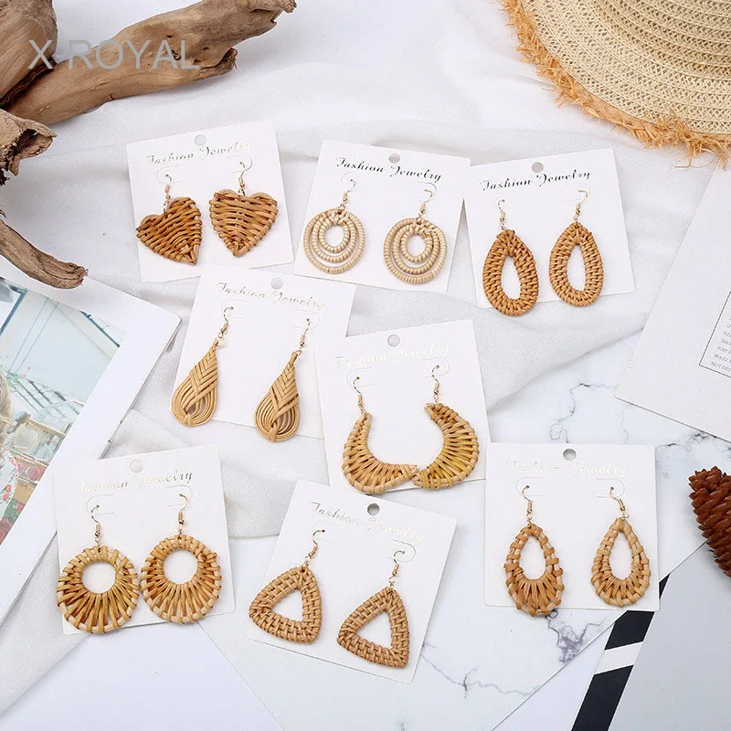 

X-ROYAL 2019 Summer Geometric Moon Love Water Drop Shape Rattan Knit Dangle Earrings Vintage Ethnic Wood Weaving Drop Earrings