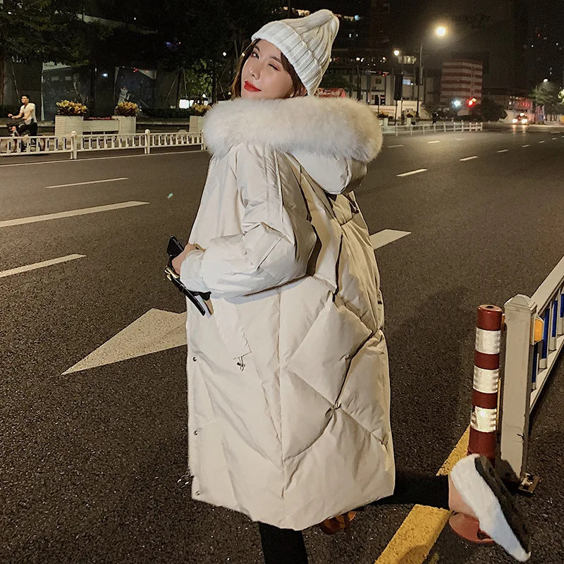 Фотосессии с капюшоном из меха енота меховой воротник пуховик Для женщин Новинка зимы Стиль корейско-Стиль белый пуховик на утином пуху средней длины толстые совместно