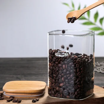 

Airtight Food Storage Jar Glass Coffee Bean Spice Sugar Flour Jars Containers with Lids and Wooden Spoon LKS99