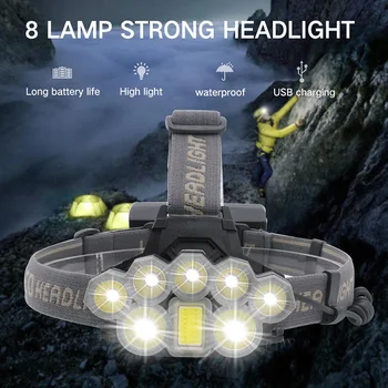 

Waterproof Outdoor COB LED Headlamp Portable USB Rechargeable 8 Lamps Strong Headlight Flashlight Camping Head Lamp with battery