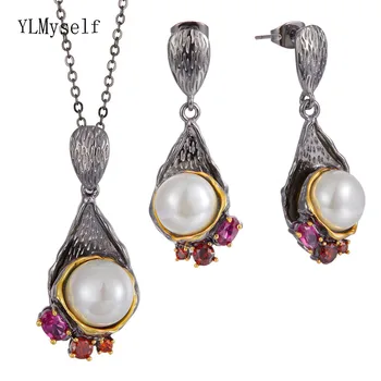 

Vintage Luxury Necklace+ Drop Earrings Waterdrop Pendant Female Red zircon Jewelry sets with pearl for women