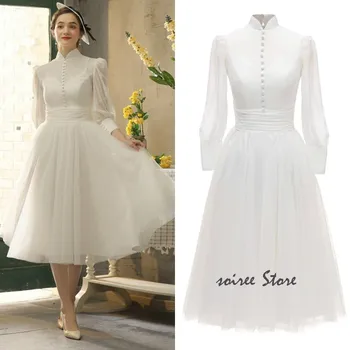 

Elegant 50s Short Wedding Dresses Short 2020 High Neck Long Sleeve Knee Length Wome Beach Bohemian Wedding Party Skirts Princess
