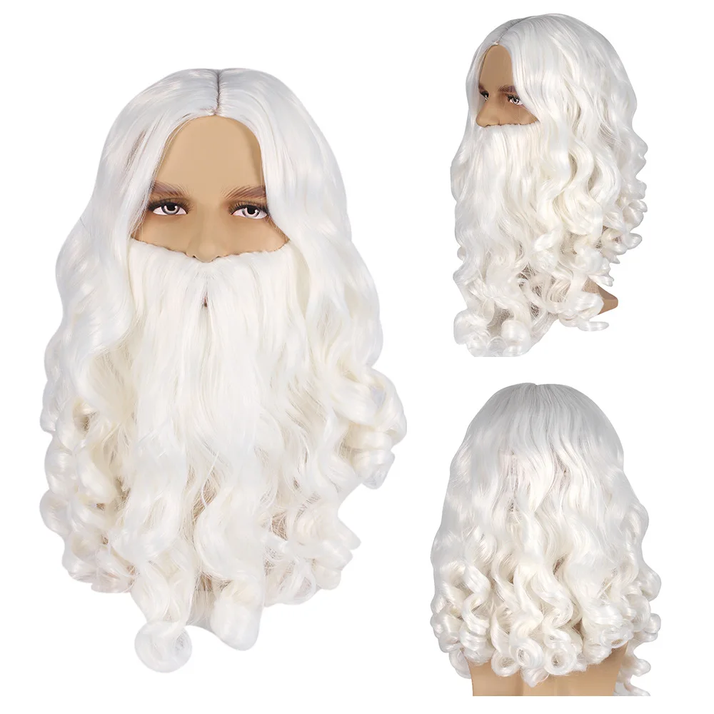 

Anime Santa Claus Wig White Synthetic Culry Hair Beard Set Old Man Father Christmas Wigs For Party Gift