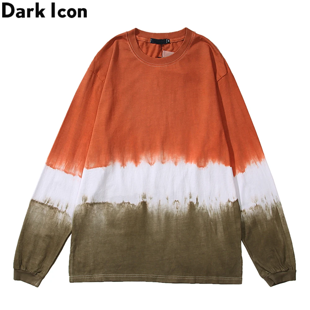 

Dark Icon Color Block Tie Dyeing T-shirt Men 2020 Autumn High Street Men's Tshirt Long Sleeve Cotton Tee Shirts