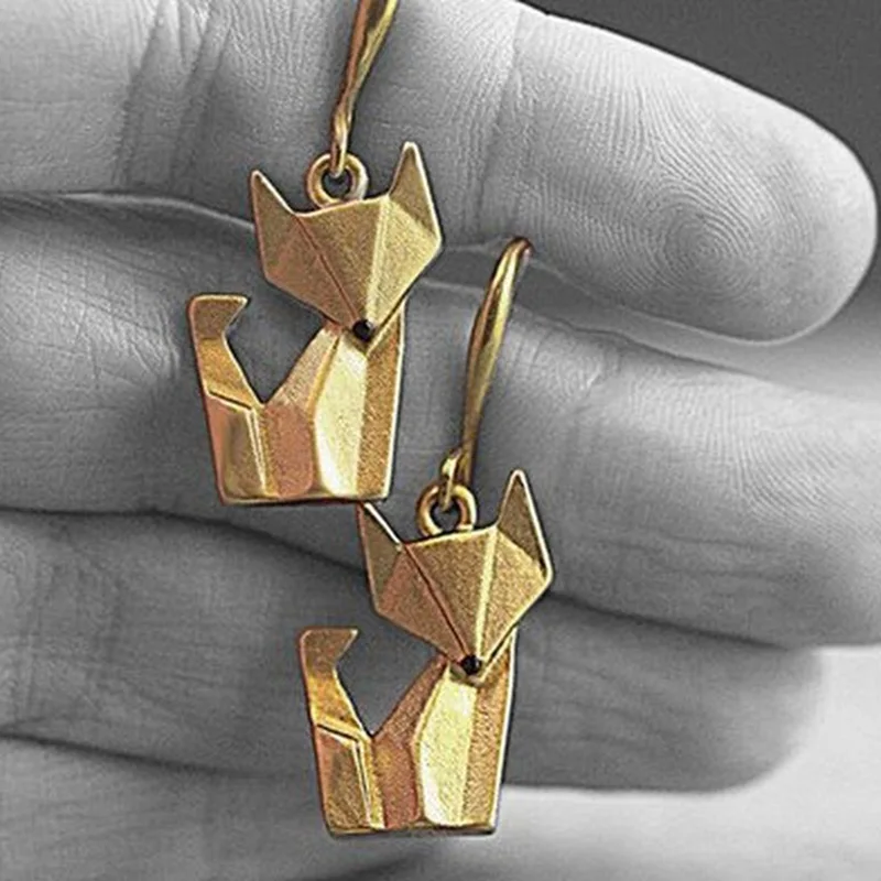 Cute Female Origami Creative Unique Fox Animal Earrings Fashion Yellow Gold Color Boho Long Dangle For Women | Украшения и