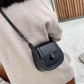 

AUAU-Ladies Leather Saddle Bag Handbag Pure Color Retro Wild Texture Crossbody Bag Shoulder Bag