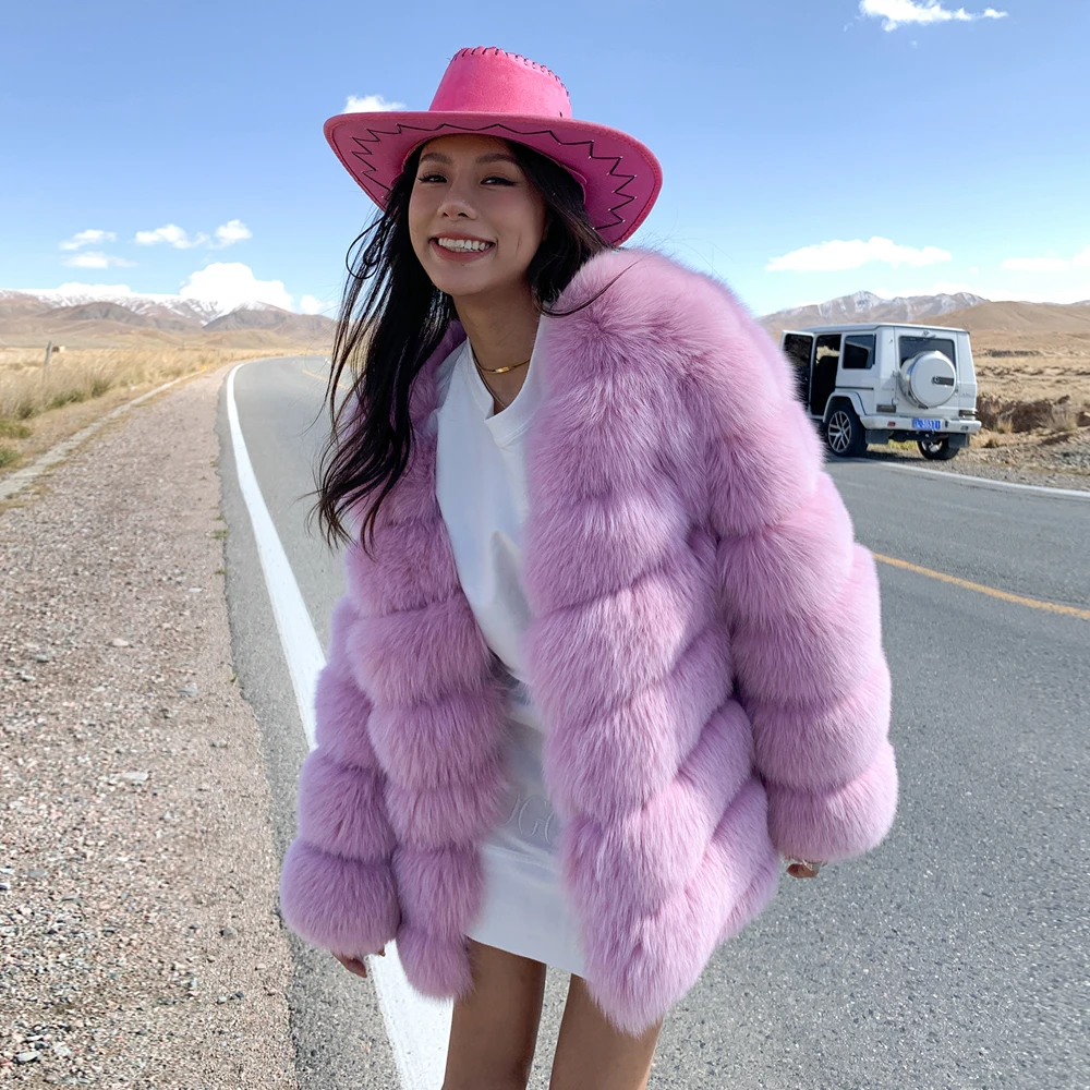 Trendy Mid-length Real Fox Fur Jacket V-neck Women Winter Fashion Genuine Leather Natural Fox Fur Coat Female Outwear Luxury