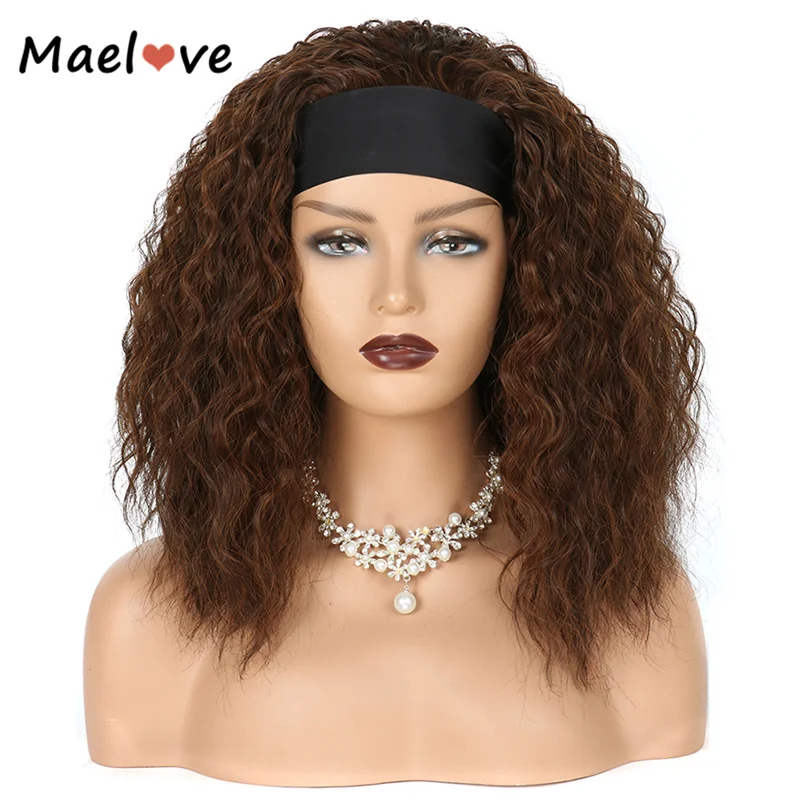 Synthetic Medium Long Curly Headband Wig Brown Afro Kinky Curly Silk