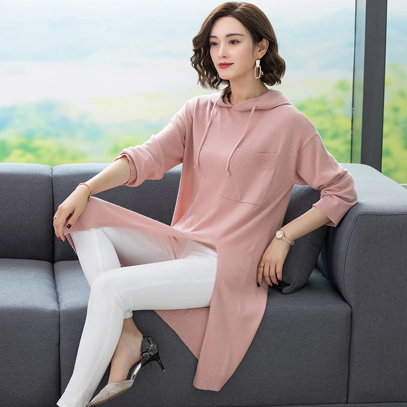

New Arrival Cashmere Fashion Hooden Sweater Tops Spring & Autumn Female Loose Casual Side Split Pullover Knit Wool Sweater
