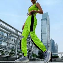 Популярные спортивные повседневные штаны, Осенние новые женские флуоресцентные цветные сшитые повседневные брюки для бега, спортивная одежда, женские спортивные штаны