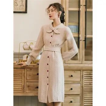 

Fall Winter Women Retro With Belt Sweater Dress A-Line Lantern Sleeve Bowknot Neck Midi Dress Long Sleeve Knitted Dress