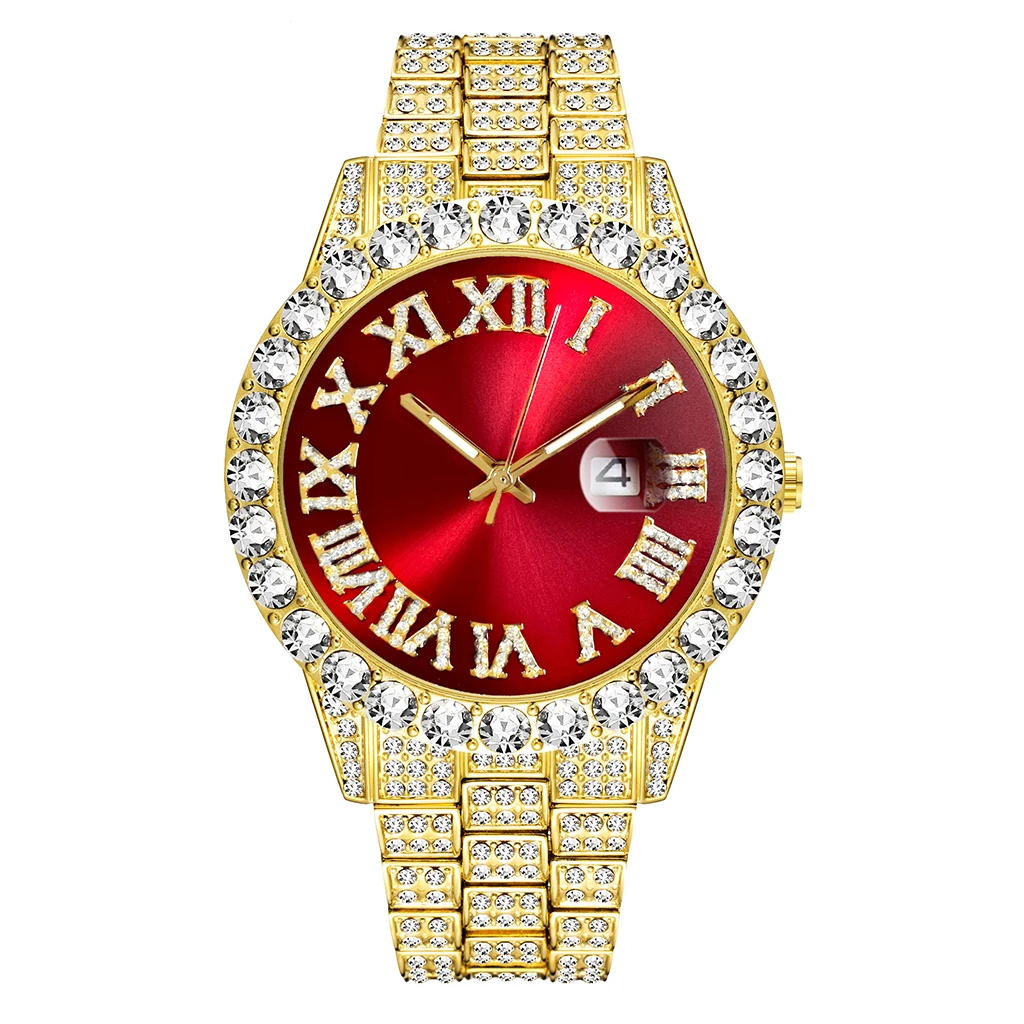 2 Pcs Watch+bracelet Hip Hop Stainless Steel Gold Color Calendar Watch For Men Iced Out Paved Rhinestones Men Watch Reloj Hombre 
