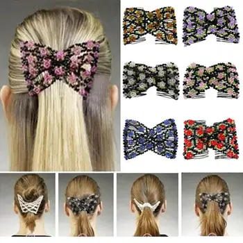 

Women's Chic Stretch Rose Flower Bow Beaded Hair Comb Cuff Double Insert Clips