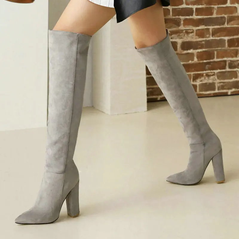 2021 Women Over the Knee Boots Fashion Square High Heel Pointed Toe Ladies Thigh Boots Faux Suede High Quality Women's Boots chunky boots women	 Boots