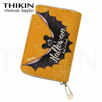 

THIKIN Halloween Bat Print Women Credit Business Card Holder Protector Organizer Candy Pumpkin Ladies Wallet Small Coin Pocket