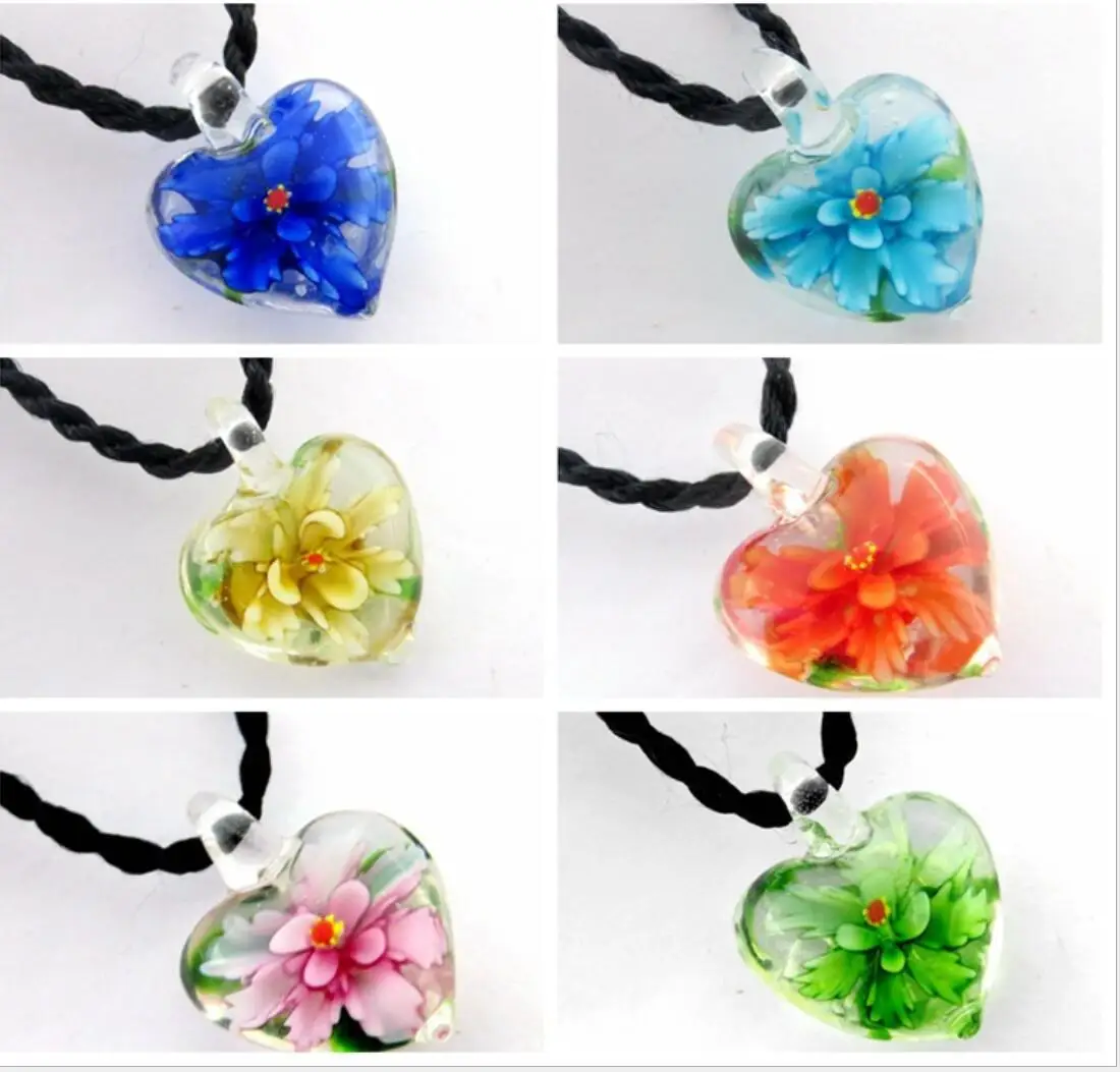 Wholesale 6pcs New Handmade Murano Lampwork Glass Small Heart Flower Colorful Pendant Fit Necklace Hot Sale Jewelry Gifts LL04 image_0