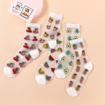 

Korean Style Thin Transparent Funny Socks Women Fruit Avocado Watermelon Pineapple Creative Design Glass Skarpety Lace Sokken