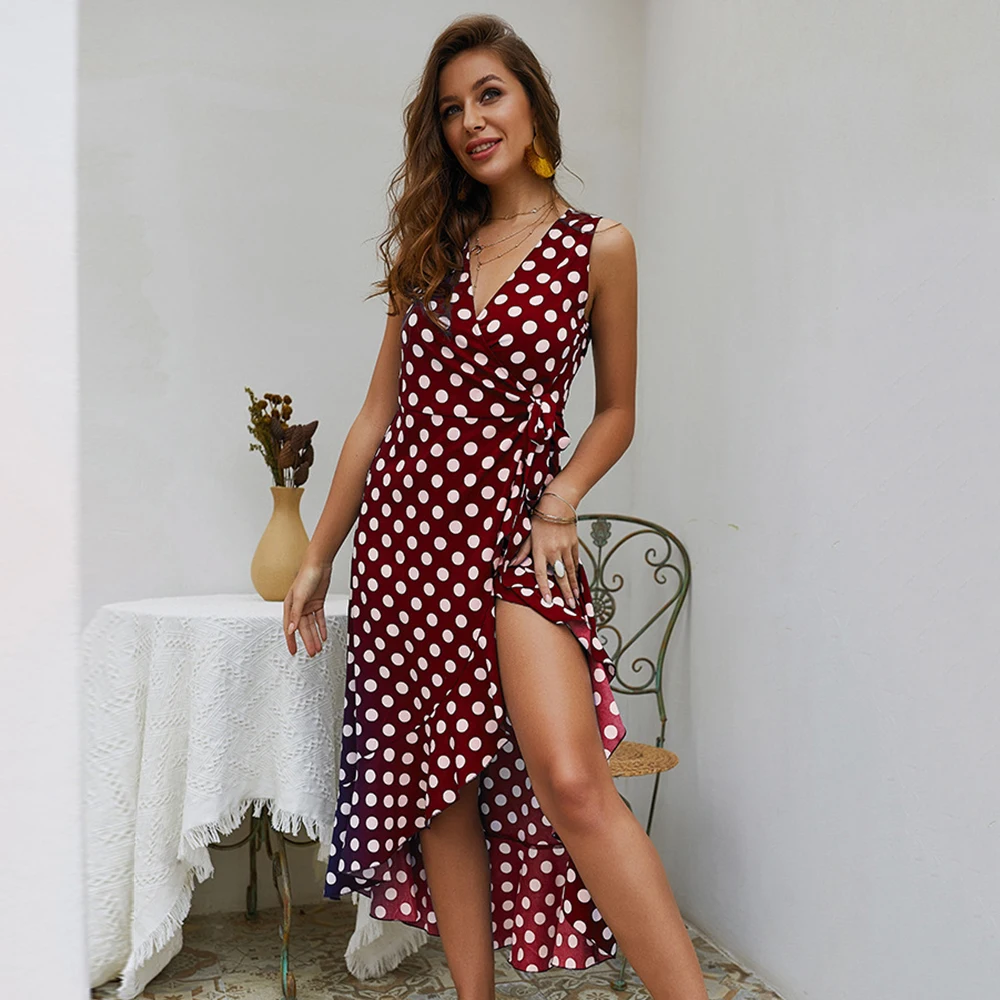 Boho женское летнее праздничное платье в горошек макси с v-образным вырезом Повседневный пляжный Длинный Сарафан
