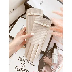Wool Gloves Women Korean Cute Plus Velvet Thickening Keep Warm and Windproof Touch Screen Cycling Gloves Handschoenen