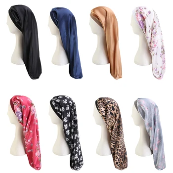 

Women Wide Band Satin Sleep Night Cap Floral Print Long Tube Bonnet Beauty Hair Care Cap Hair Loss Wraps Ladies Headwear New