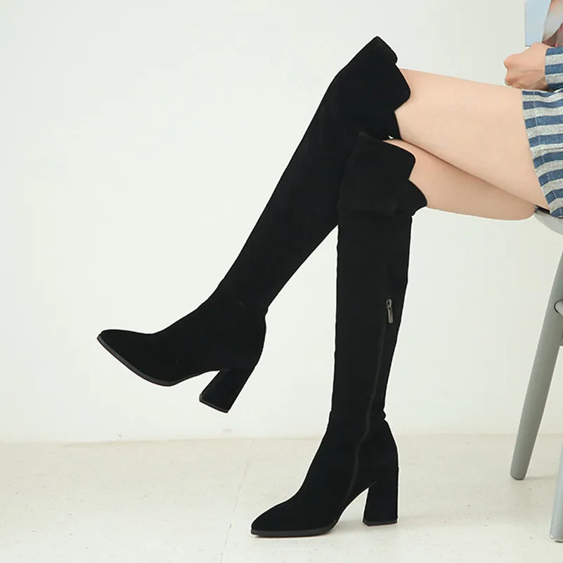 ANNYMOLI Autumn Thigh High Boots Women Cow Suede Square Heel Over The Knee Boots Zip Extreme High Heel Shoes Lady Winter Size 39