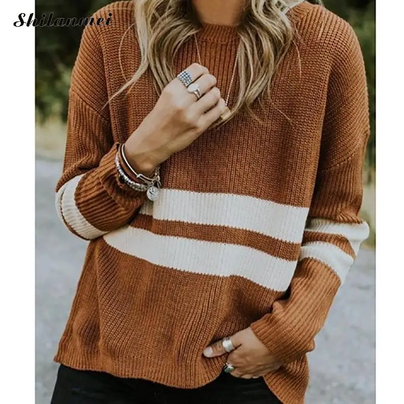

Autumn Winter Knitted Plus Size Pullover Sweater Women O Neck 2019 Fashion Striped Long Sleeve Jumper Pull Femme Fashion Sweater