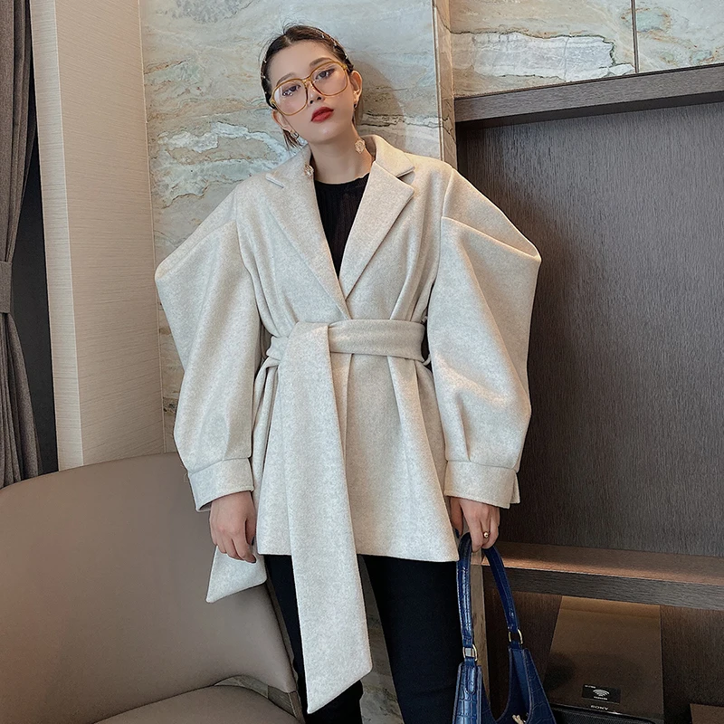 GetSpring Women Woolen Coat Puff Sleeve Winter Woolen Jacket Lace Up Long Women Outerwear Loose Overcoat Autumn Winter Black New