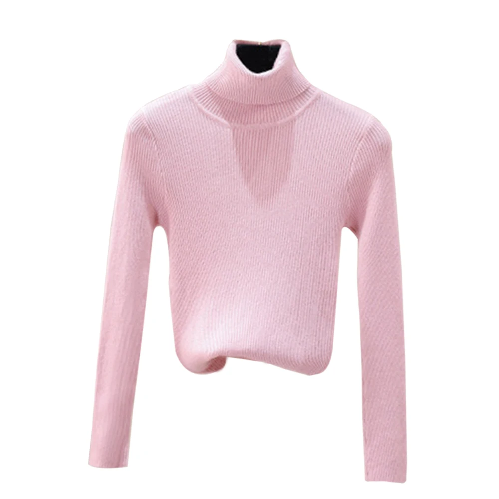 Pink MoneRiff, женский свитер, тонкий, сексуальный, вязаный, водолазка, с рюшами, высокая эластичность, однотонный,, осень, зима, модный свитер, женские пуловеры - Цвет: Pink