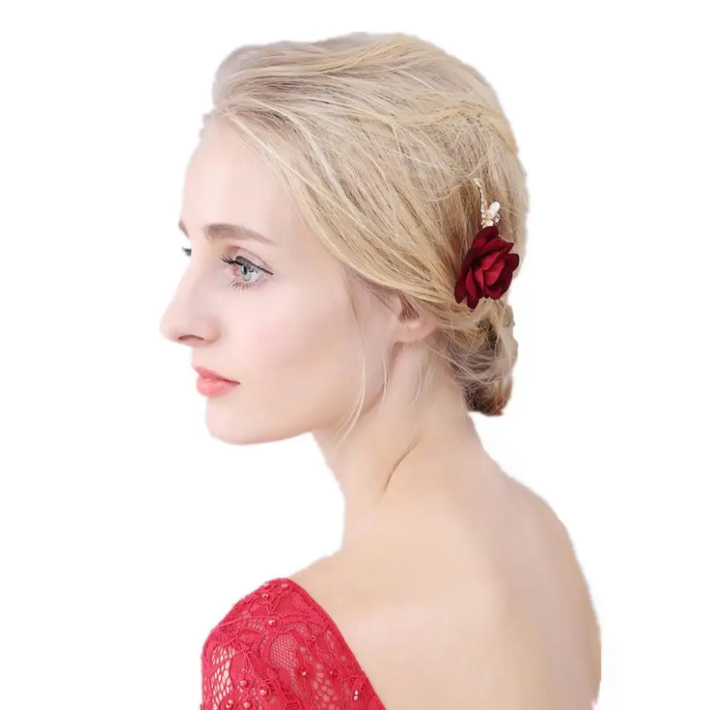 Bridal Pearls Hair Pins Clips Floral Barrette Red Rose Party Hair Jewelry