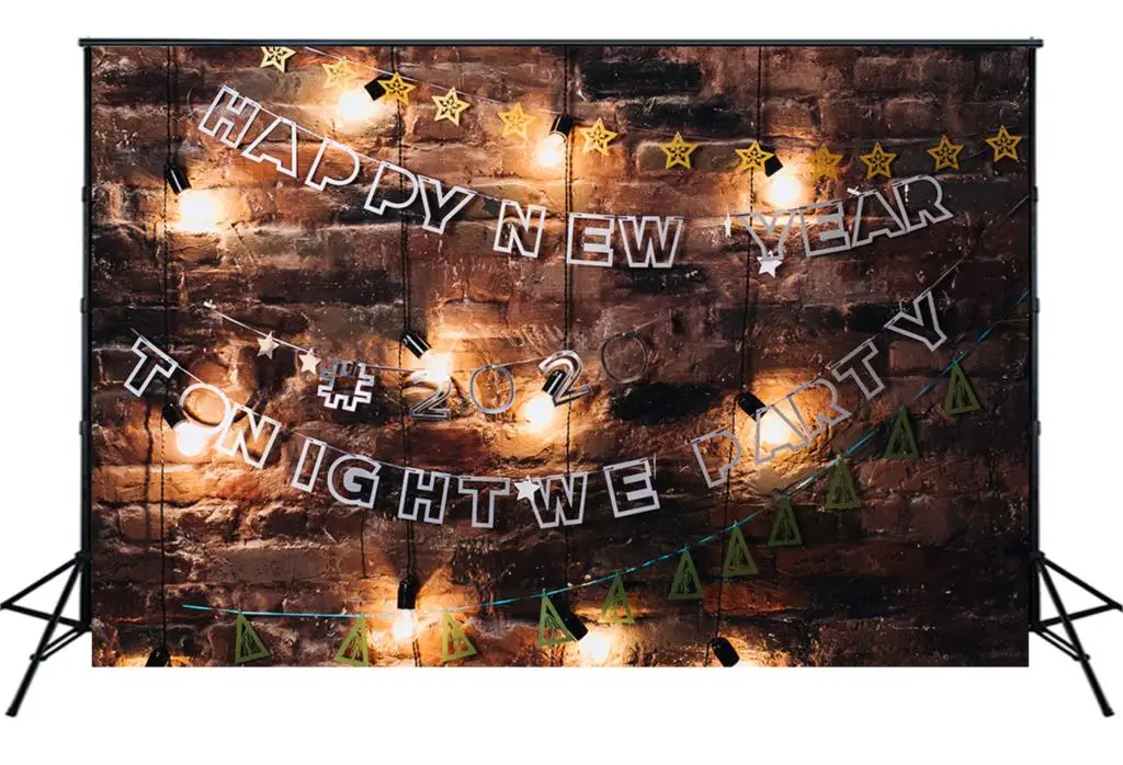 Happy New Year Backdrop Grunge Brick Wall Light Strings Photo Banner For Party Adult Kids Portrait Shoot Background W-3526 | Электроника