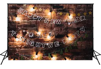 

Happy New Year Backdrop Grunge Brick Wall Light Strings Photo Banner For Party Adult Kids Portrait Photo Shoot Background W-3526