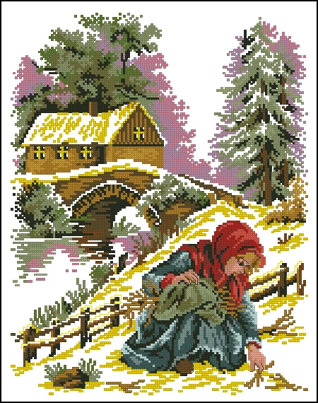 乡村女孩 Red headscarf Girl Winter countryside bridge Picking up branches and Pinecone