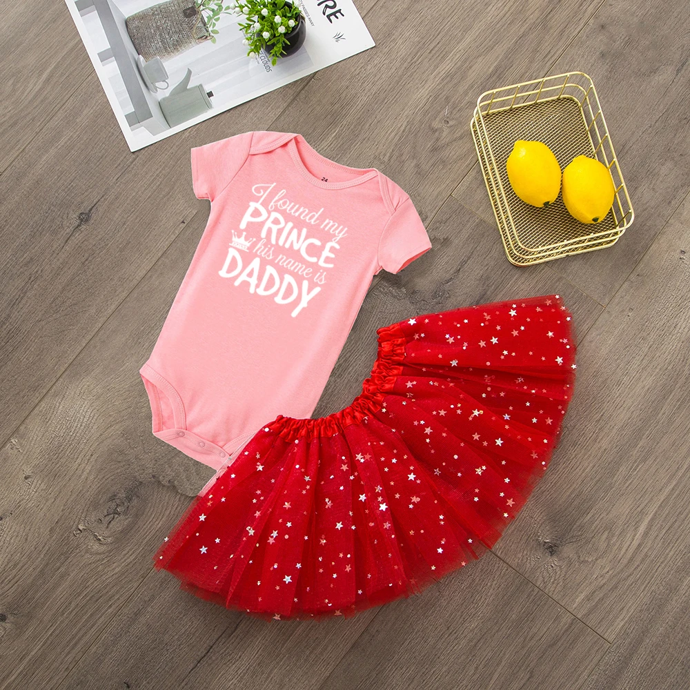 Комплекты одежды для новорожденных девочек с надписью «I Found My Prince His Name Is Daddy» Забавный хлопковый комбинезон для малышей, юбка-пачка комплект с короткими рукавами - Цвет: R064-SQPPKXRD-