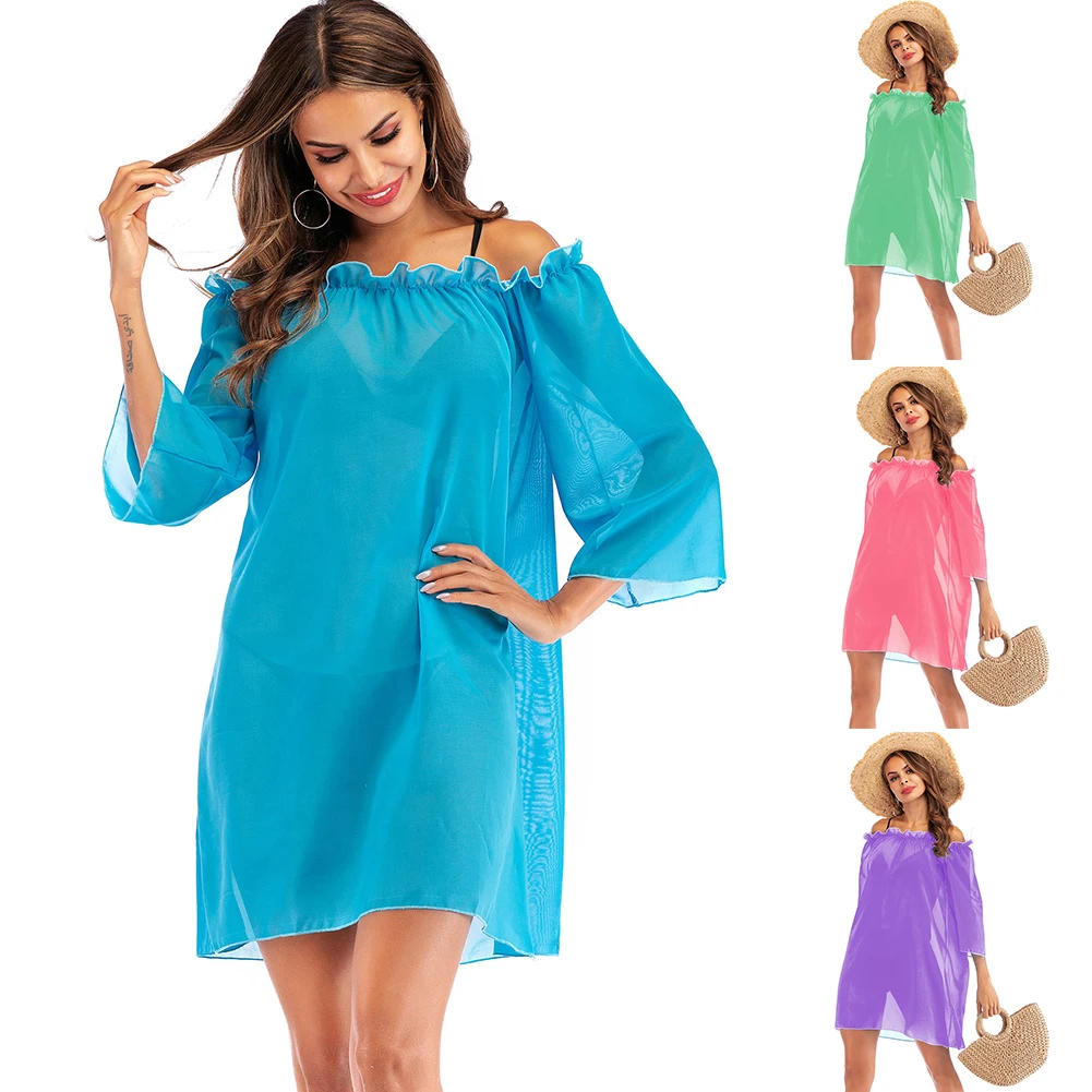 Women Beach Sarong Holiday Casual Beachwear Solid Swimsuit Ruffle Cover Up Off Shoulder Summer Dress Swimwear Pool Chiffon