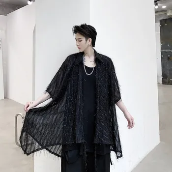 

New Men Feather Tassel Short Sleeve Thin Shirt Cardigan Male Women Japan Streetwear Punk Gothic Kimono Shirt Coat