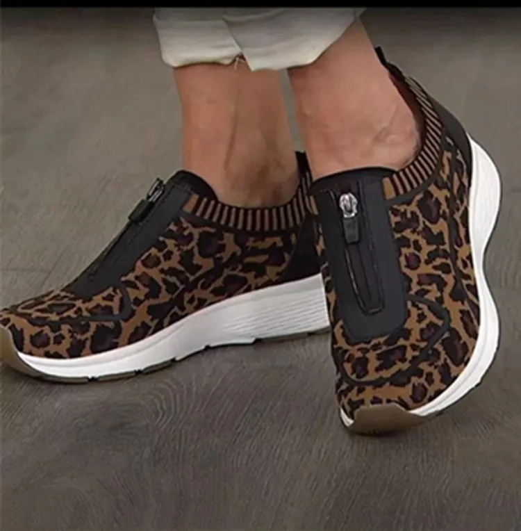 Кроссовки женские сетчатые с леопардовым принтом Вулканизированная подошва