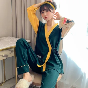 

Women Pajamas Set Simple Style Kimono Sleepwear 2Pcs Dark Green V-NECK Autumn Comfort Cotton Fashion New Homewear Casual Wear